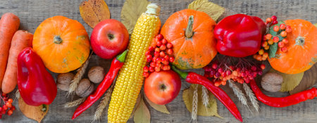 Autumn background set, fallen leaves, fruits, vegetables, wooden table. Seasonal horizontal set, aged vintage linen napkin, copy space. Thanksgiving food, healthy and fresh, top view, flat lay.の写真素材