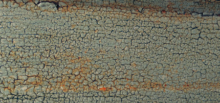 Cracked paint on wooden texture. Peeling oil paint on a wooden wall. Destroyed weathered background. Vintage shabby building surface.の写真素材