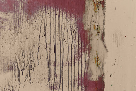 Rusty metal painted background. Rust spots and streaks on stained metal surface. Grunge industrial colored steel texture. Scratched corroded aged damaged backdrop with rustic vintage worn details.の写真素材