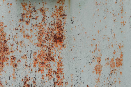 Rusty metal painted background. Rust spots and streaks on stained metal surface. Grunge industrial colored steel texture. Scratched corroded aged damaged backdrop with rustic vintage worn details.の写真素材