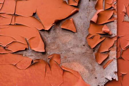 Cracked paint on wooden texture. Peeling oil paint on a wooden wall. Destroyed weathered background. Vintage shabby building surface.の写真素材