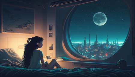 Young woman sitting in bed at night and looking at nighttime city view.の素材