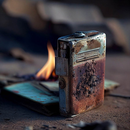 Old rusty lighter on the background of a burning book in the darkの素材