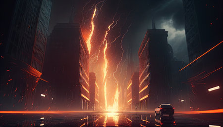 Car on the road with lightning in the city. 3D Illustration.の素材