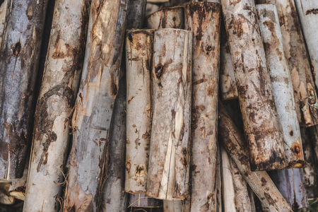 Stack of timber to making firewood. Stacked wooden logs background.の写真素材