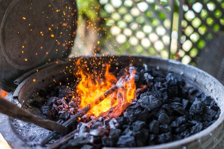 Making of horseshoe. Hot forge used by blacksmiths.