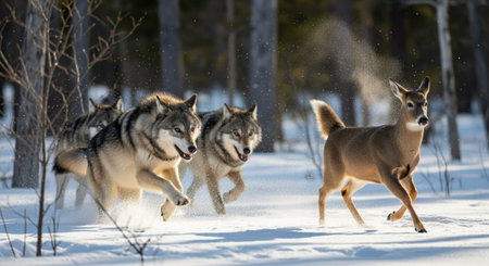 Wolves and deer running through the snow in winter forest.