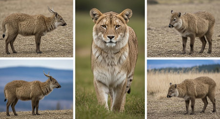 Lion cubs in the grassland. Collage of wild animals.