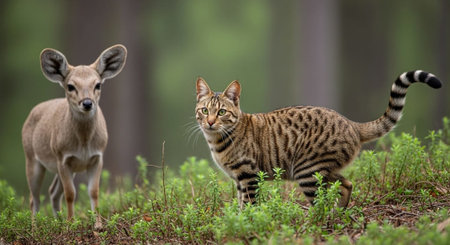 Wild animals in their natural habitat. Wildlife scene from nature. Wild cat and deer.の写真素材