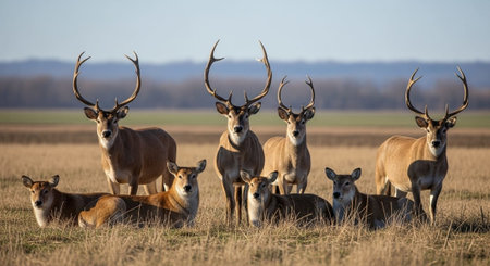 Large group of Fallow Deer (Odocoileus virginianus) standing in a field.の写真素材
