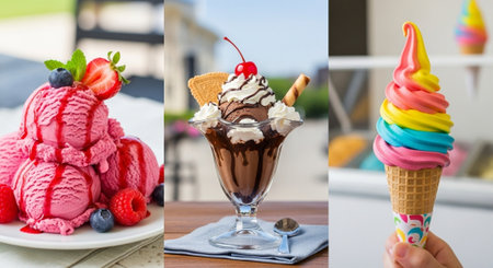 collage of different ice creams in a glass with fruits and berries