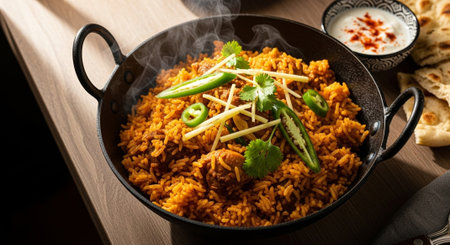 Traditional indian spicy biryani served in a wok.