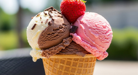 Ice cream in waffle cone with strawberry, chocolate and ice cream