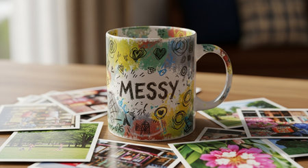 Cup of coffee on a wooden table with photos in the background