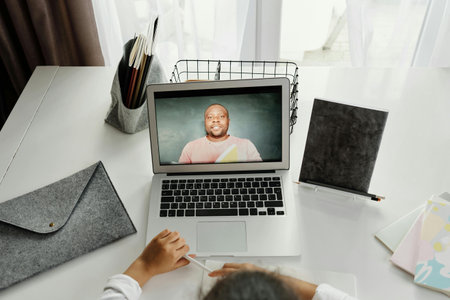 business, education, technology and people concept - close up of smiling african american man...