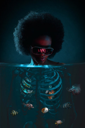 Portrait of a beautiful african american woman in futuristic glasses.