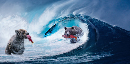 Bear and fish swimming on ocean wave. 3D Rendering.