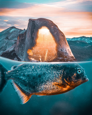 Underwater view of a rainbow trout swimming in the lake at sunsetの写真素材