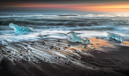 Ice formations and icebergs on the beach, Iceland, Europe