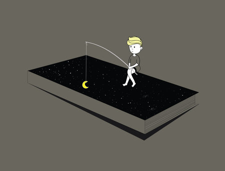 Man fishing on the moon with a fishing rod. Vector illustration.の写真素材