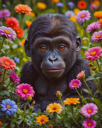 chimpanzee sitting in the flower garden, closeup portraitの写真素材