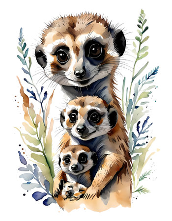 Watercolor cute meerkat family. Hand drawn vector illustration.の写真素材
