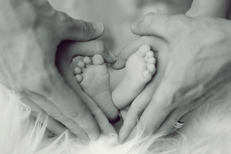 Newborn baby feet in mother's hands, black and white photo