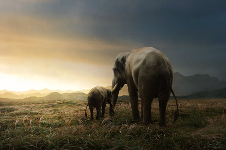Elephants in the evening, Chiang Mai, Thailand.