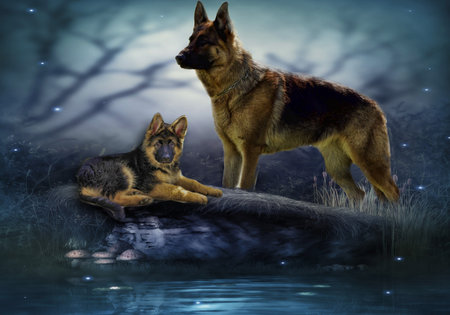 Two german shepherd dogs lying on a rock next to a lake