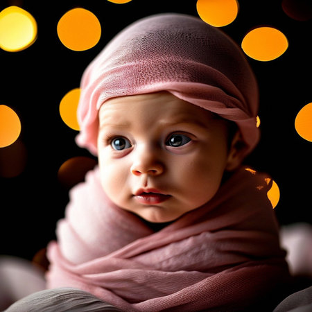 Portrait of a cute little baby girl in a pink scarf on a dark backgroundの写真素材