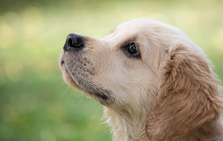 Portrait of golden retriever dog outdoors in summer. Shallow depth of field.の写真素材