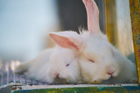Rabbits are sleeping on the windowsill in the garden.の写真素材