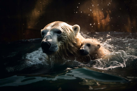 Polar bear with cub in the water.