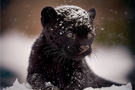 Black panther in the snow on a sunny winter day.の写真素材