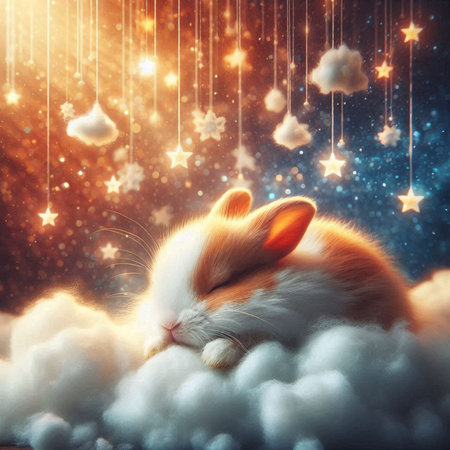 Cute little rabbit sleeping on cloud with stars and lights on backgroundの写真素材