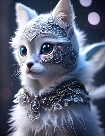 Portrait of a beautiful white cat with blue eyes in a silver costume.の写真素材