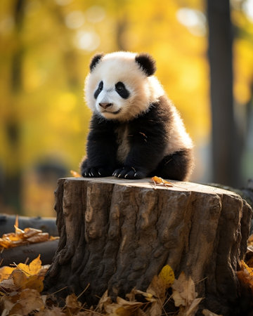 Panda bear sitting on a tree stump in the autumn forest.の写真素材