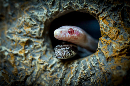 Close up of a snake in a hole. Shallow depth of field.の写真素材