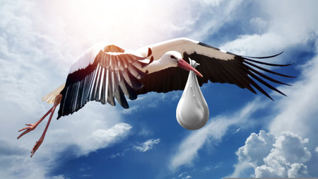 Stork flying with a bag in its beak.の写真素材