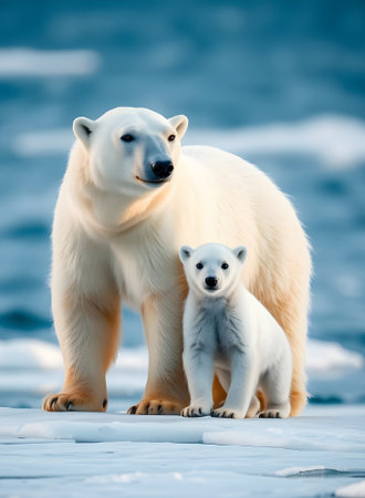 Polar bear (Ursus maritimus) mother and cub on the pack ice, north of Svalbard Arctic Norwayの写真素材