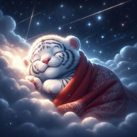 Cute white tiger with red scarf sleeping in the clouds. This is a 3d render illustrationの写真素材