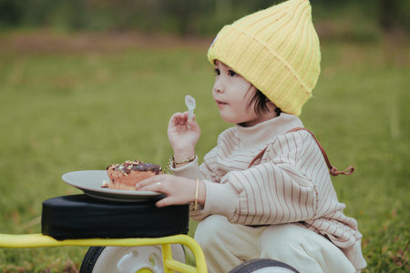 Cute little girl sitting on a bicycle in the park and eating cakeの写真素材