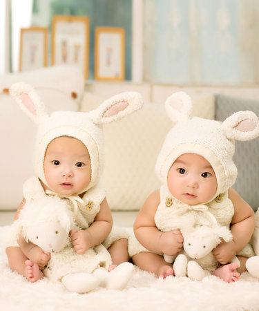 Cute baby boy and girl wearing bunny costume sitting on the sofaの写真素材