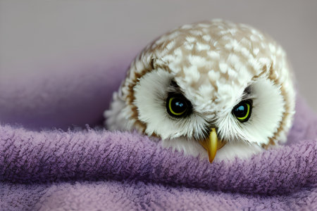 Little owl sitting on a purple blanket, close-up, selective focusの写真素材