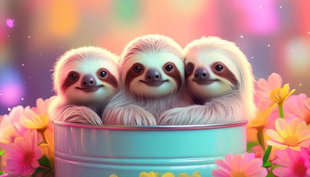 Three cute sloths in a bucket of flowers. 3d rendering