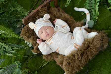 Newborn baby boy sleeping on a wooden chair in the garden.の写真素材