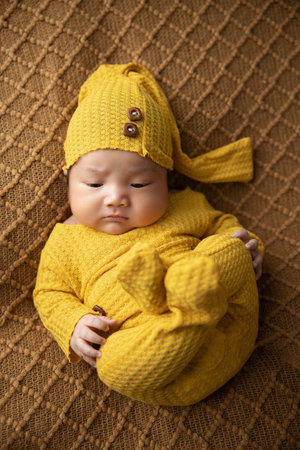 Portrait of a cute newborn baby in a yellow knitted hatの写真素材