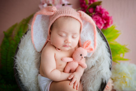 Cute newborn baby girl wearing bunny ears sleeping in basket on pink backgroundの写真素材