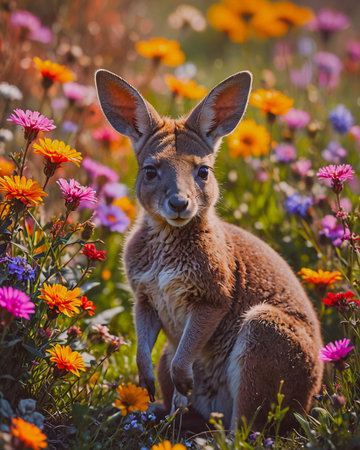 Kangaroo in the meadow with colorful flowers, Australia.の写真素材