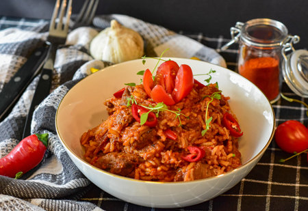 Rice with meat and vegetables in a plate on a dark backgroundの写真素材